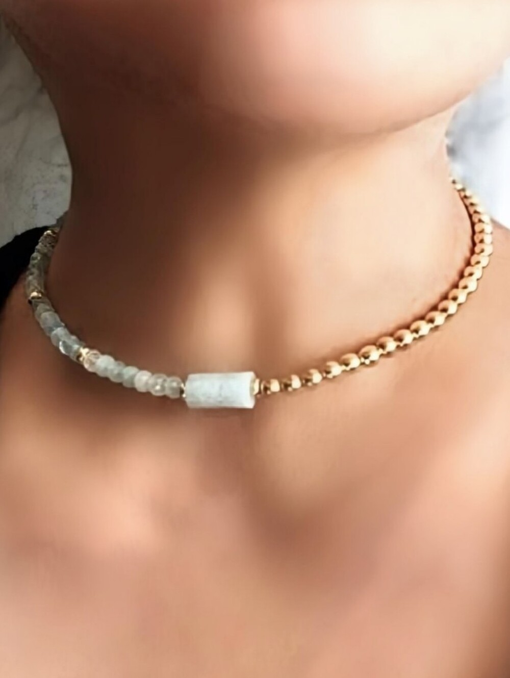 Natural Aquamarine & Gold Beads in Assymetrical Gold Plated Necklace Choker
